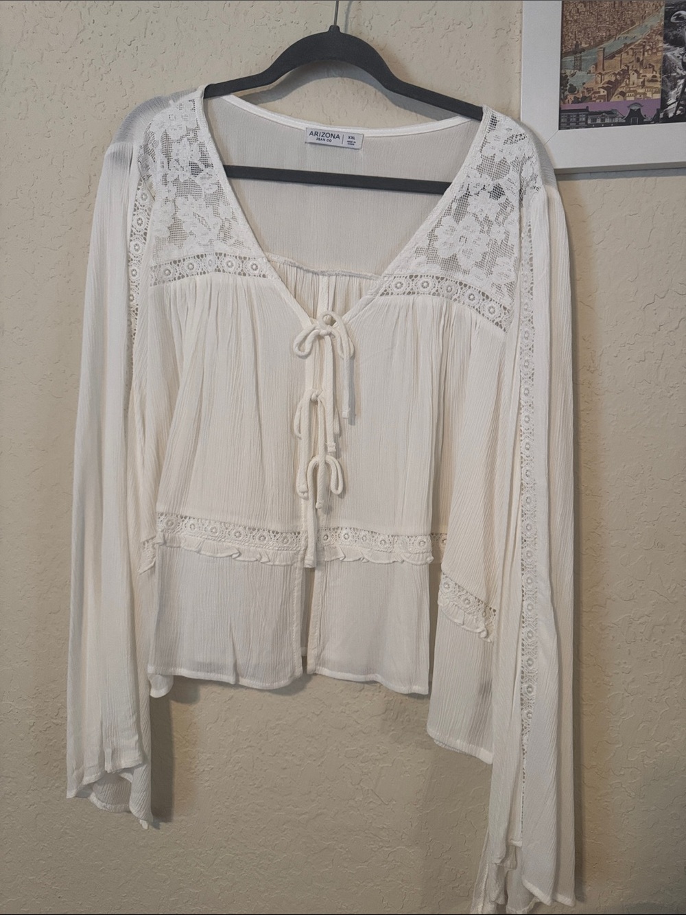 Boho White Lace-Detail Tie-Front Blouse
